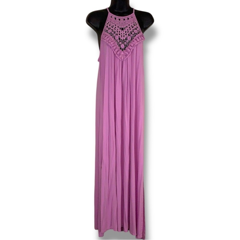 M Cy Fashions Pink Embroidered Lace Maxi Dress Sleeveless Stretch Medium Boho
